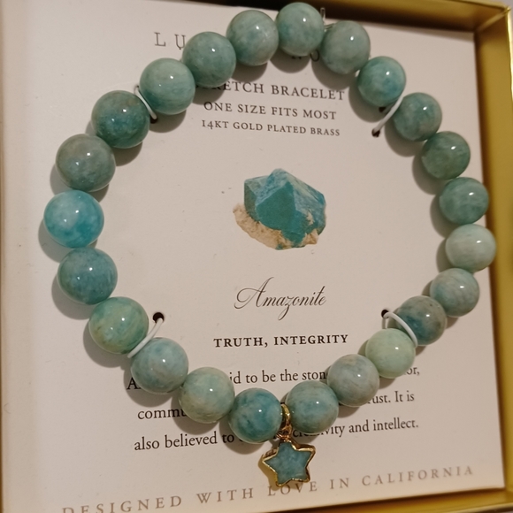 LUNA NORTE 14K GOLD PLATED STAR CHARM W/ AMAZONITE STRETCH BRACELET ONE SIZE - Picture 4 of 7